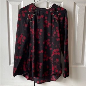 Michael Kors NWT Floral Rose Lace-Up accent Black and Red Blouse